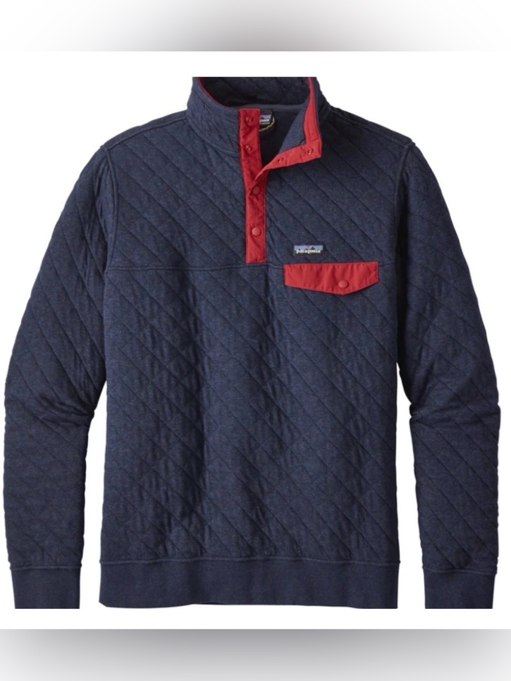 PATAGONIA mens cotton quilt snap T pullover sweater navy blue/red size small